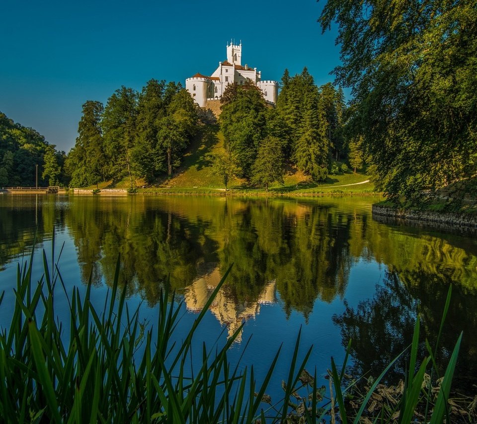 Обои деревья, озеро, отражение, замок, хорватия, тракоскан, trees, lake, reflection, castle, croatia, trakoscan разрешение 2048x1152 Загрузить