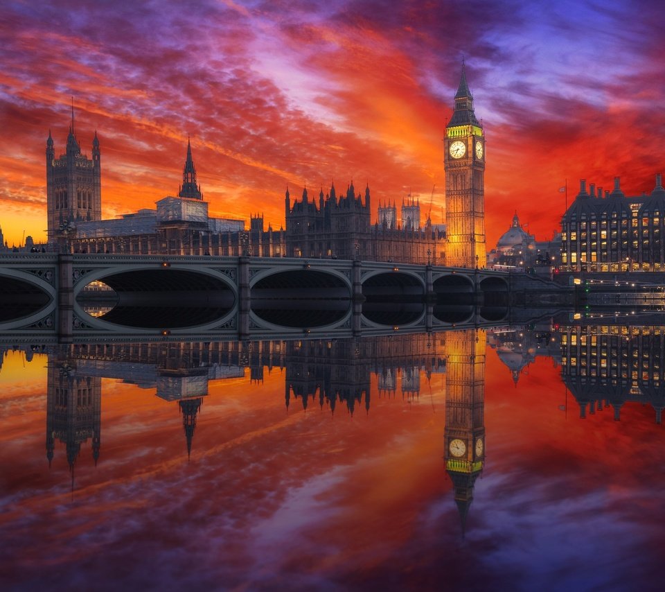 Обои закат, отражение, мост, лондон, англия, биг-бен, sunset, reflection, bridge, london, england, big ben разрешение 2048x1367 Загрузить