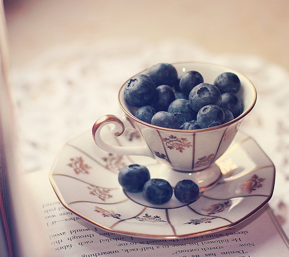 Обои блюдце, ягоды, чашка, черника, салфетка, книга, страницы, saucer, berries, cup, blueberries, napkin, book, page разрешение 2560x1600 Загрузить