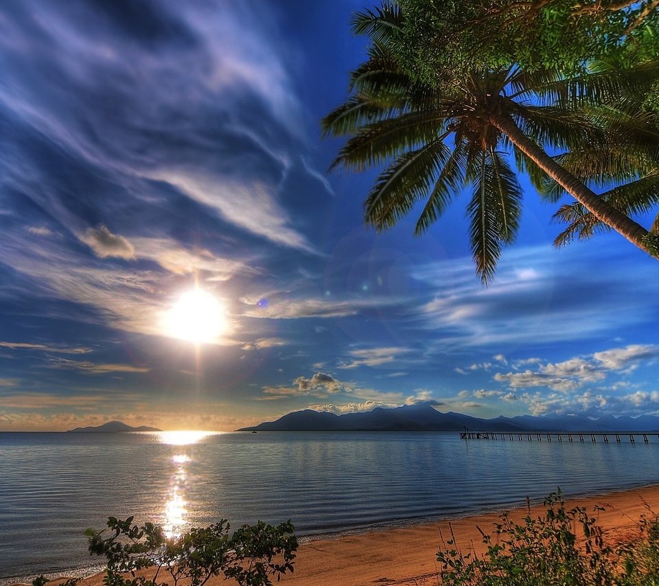 Обои закат, пейзаж, море, пальмы, sunset, landscape, sea, palm trees разрешение 1920x1200 Загрузить