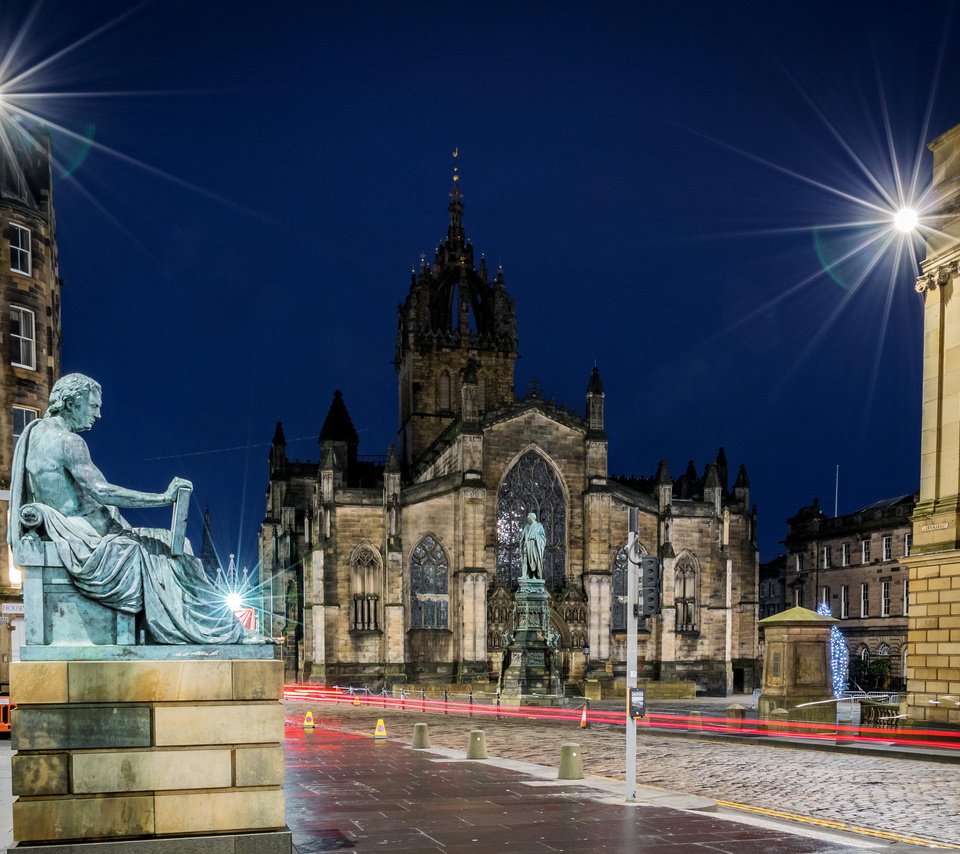 Обои ночь, эдинбург, храм, уличные фонари, собор, st giles' cathedral, эдинбургский собор, город, дома, улица, памятник, шотландия, night, edinburgh, temple, street lights, cathedral, the city, home, street, monument, scotland разрешение 4005x2590 Загрузить