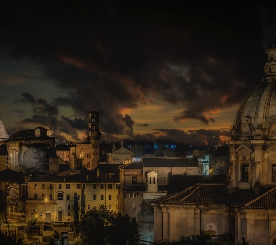 Обои ночь, дома, италия, рим, купол, базилика, night, home, italy, rome, the dome, basilica разрешение 2048x1145 Загрузить