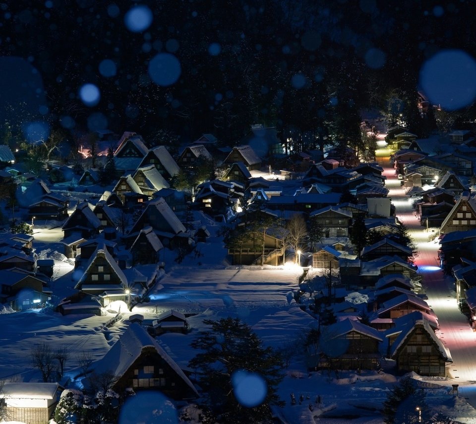 Обои ночь, снег, зима, город, япония, сиракава, night, snow, winter, the city, japan, shirakawa разрешение 1920x1080 Загрузить