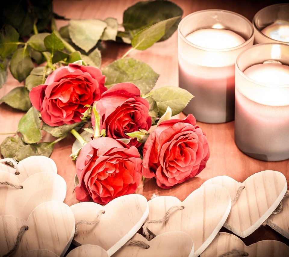 Обои цветы, свечи, розы, сердечки, день святого валентина, композиция, валентинки, flowers, candles, roses, hearts, valentine's day, composition, valentines разрешение 2048x1365 Загрузить
