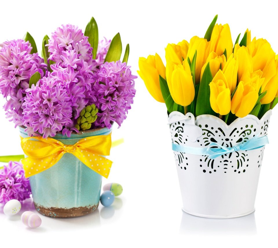 Обои цветы, букет, тюльпаны, ваза, пасха, яйца, гиацинты, композиция, flowers, bouquet, tulips, vase, easter, eggs, hyacinths, composition разрешение 2667x1920 Загрузить