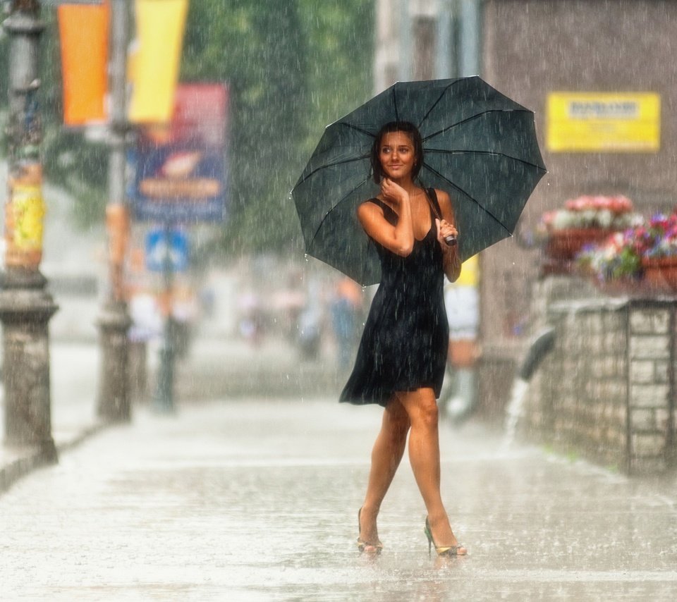 Обои девушка, платье, улыбка, улица, дождь, зонт, girl, dress, smile, street, rain, umbrella разрешение 2100x1420 Загрузить