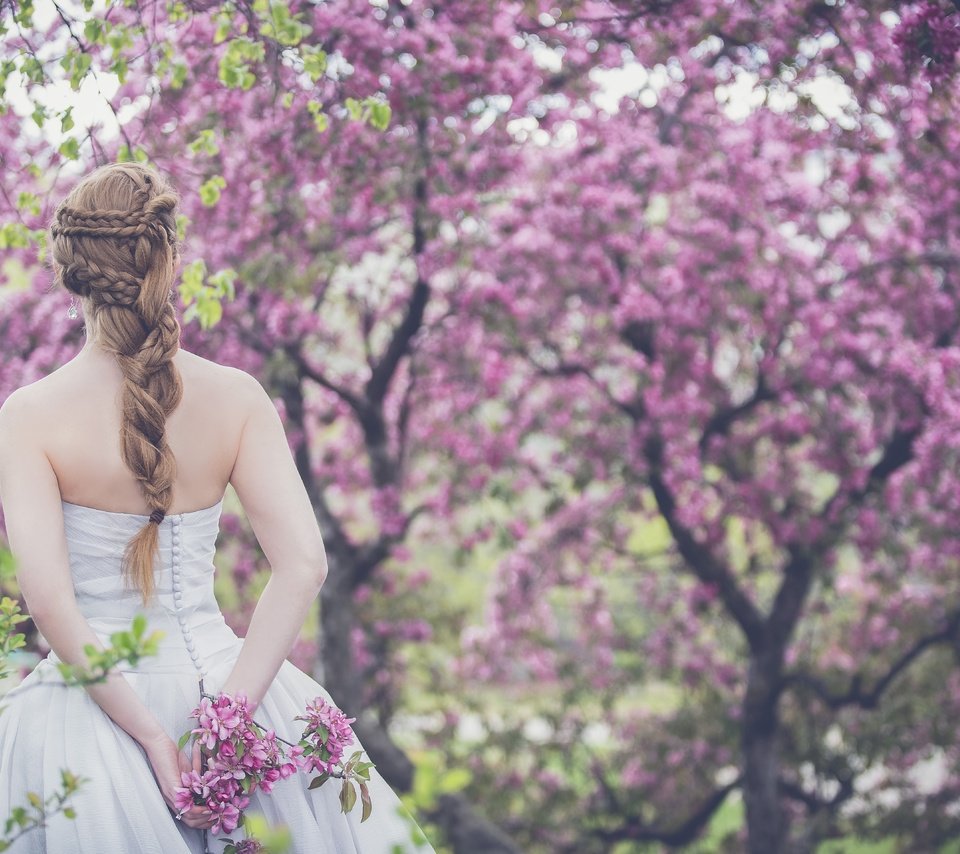 Обои цветение, весна, прическа, белое платье, невеста, спиной, голые плечи, flowering, spring, hairstyle, white dress, the bride, back, bare shoulders разрешение 5760x3840 Загрузить