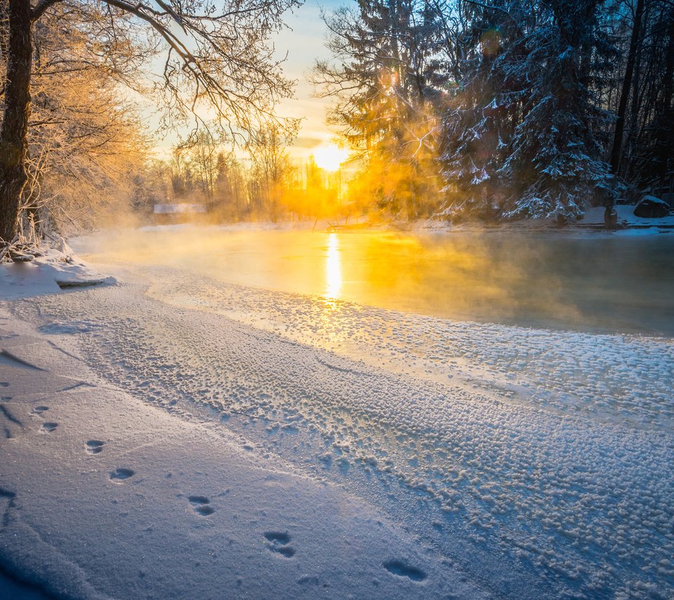 Обои река, снег, лес, закат, зима, river, snow, forest, sunset, winter разрешение 3840x2400 Загрузить