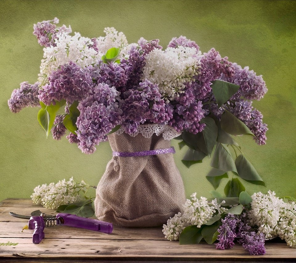 Обои цветы, природа, букет, сирень, натюрморт, мешковина, flowers, nature, bouquet, lilac, still life, burlap разрешение 2000x1333 Загрузить