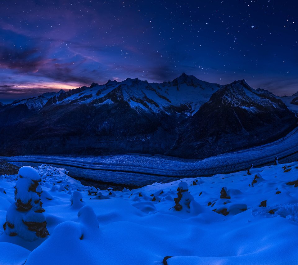 Обои ночь, горы, снег, природа, зима, пейзаж, швейцария, ледник, night, mountains, snow, nature, winter, landscape, switzerland, glacier разрешение 7593x3701 Загрузить