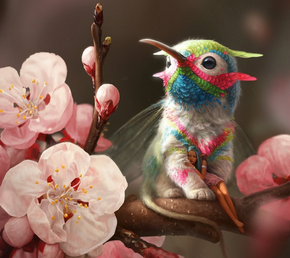 Обои цветы, ветка, весна, эльф, грифон, колибри, flowers, branch, spring, elf, griffin, hummingbird разрешение 2560x1585 Загрузить