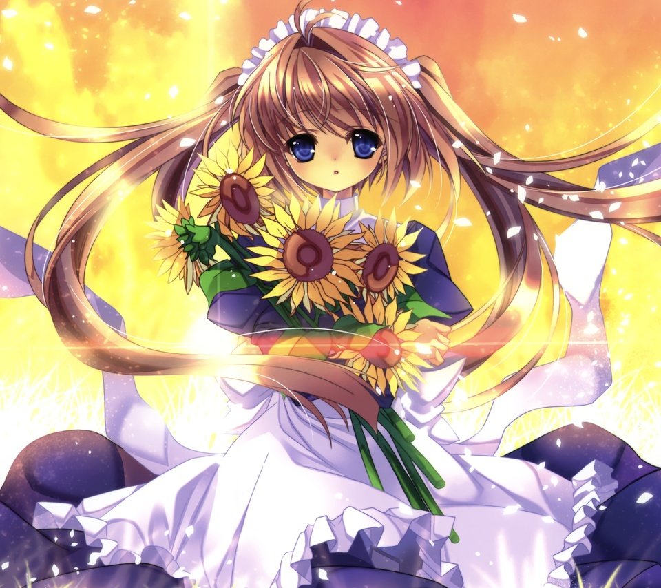 Обои аниме, девочка, подсолнухи, белое платье, anime, girl, sunflowers, white dress разрешение 2104x1672 Загрузить