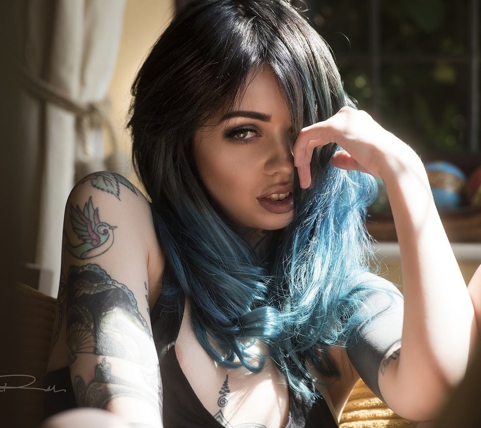 Обои взгляд, модель, тату, синие волосы, look, model, tattoo, blue hair разрешение 2048x1367 Загрузить