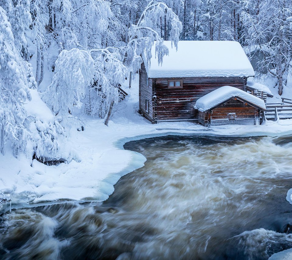 Обои река, природа, лес, зима, домик, jari ehrstrom, river, nature, forest, winter, house разрешение 1920x1080 Загрузить