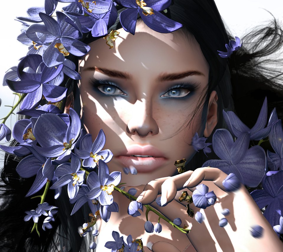 Обои цветы, девушка, взгляд, волосы, лицо, орхидеи, flowers, girl, look, hair, face, orchids разрешение 2880x1800 Загрузить