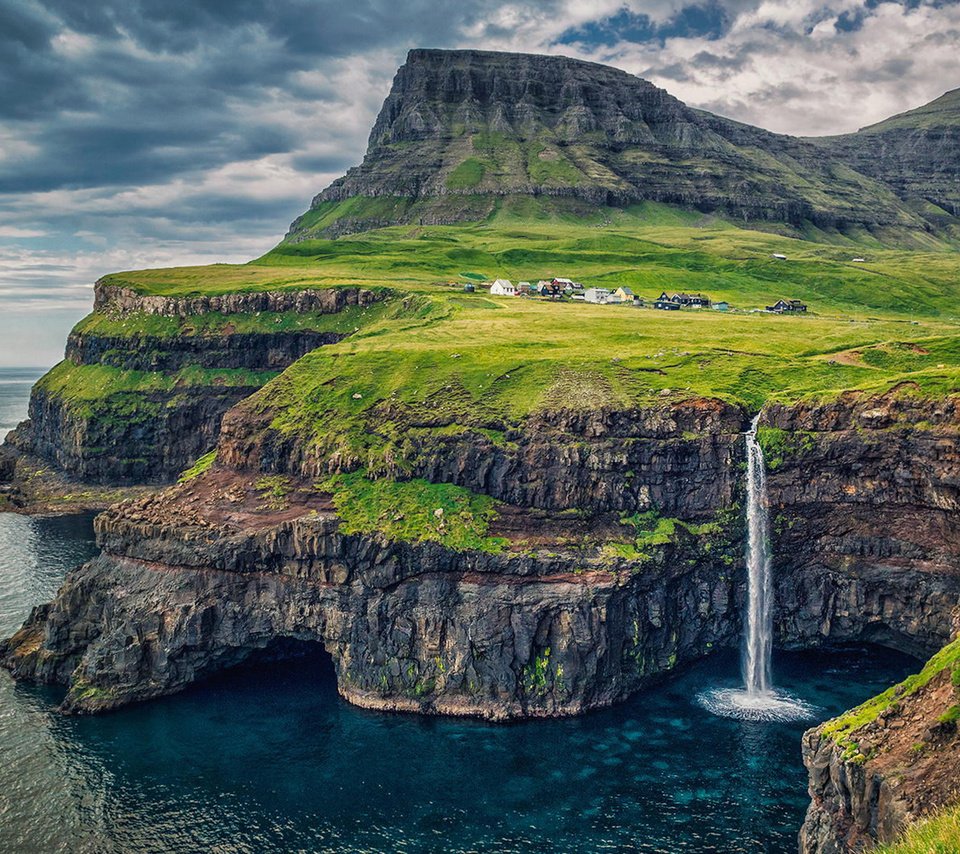 Обои скалы, природа, море, водопад, фарерские острова, дания, паксмурно, rocks, nature, sea, waterfall, faroe islands, denmark, pasmurno разрешение 1920x1080 Загрузить