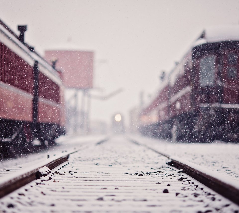 Обои снег, железная дорога, рельсы, зима, поезда, поезд, снегопад, snow, railroad, rails, winter, trains, train, snowfall разрешение 1920x1200 Загрузить