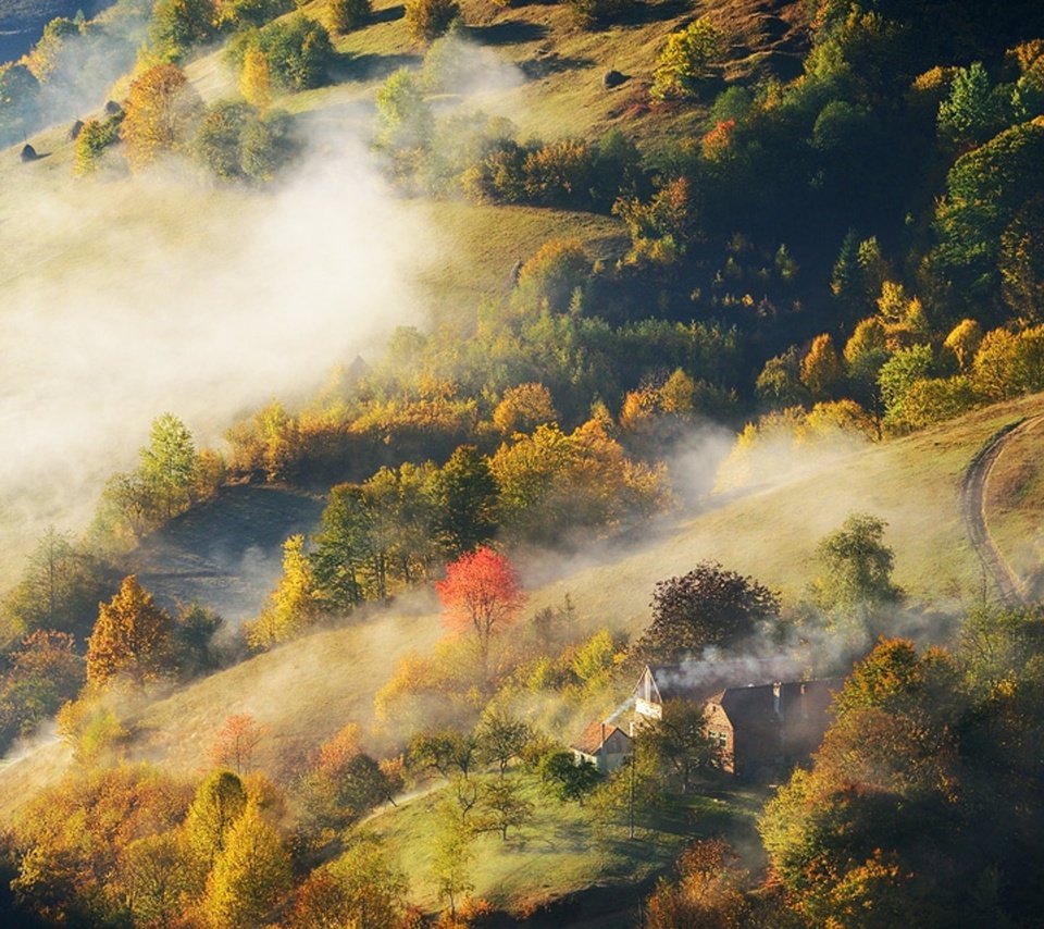 Обои дорога, деревья, холмы, лес, туман, осень, дома, stefan chirobocea, road, trees, hills, forest, fog, autumn, home разрешение 1920x1280 Загрузить