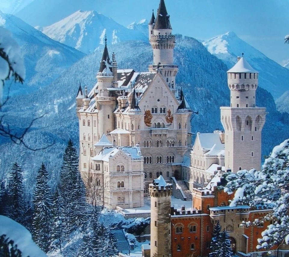 Обои зима, замок, башня, германия, нойшванштайн, бавария, winter, castle, tower, germany, neuschwanstein, bayern разрешение 1920x1200 Загрузить