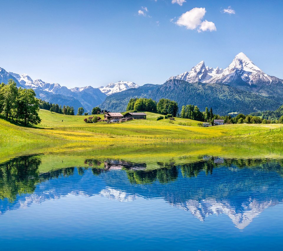 Обои небо, облака, деревья, озеро, горы, отражение, альпы, the sky, clouds, trees, lake, mountains, reflection, alps разрешение 2880x1800 Загрузить