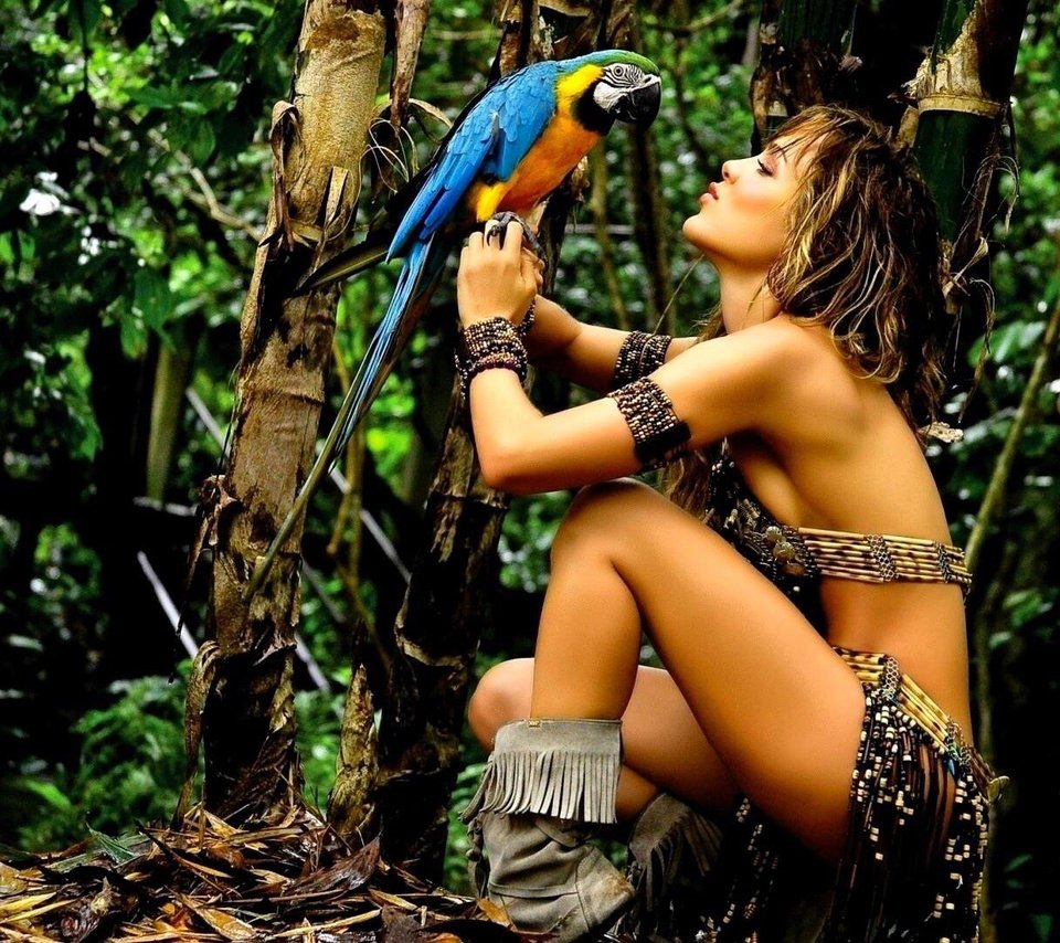 Обои природа, девушка, модель, птица, тропики, попугай, амазонка, nature, girl, model, bird, tropics, parrot, amazon разрешение 1920x1080 Загрузить