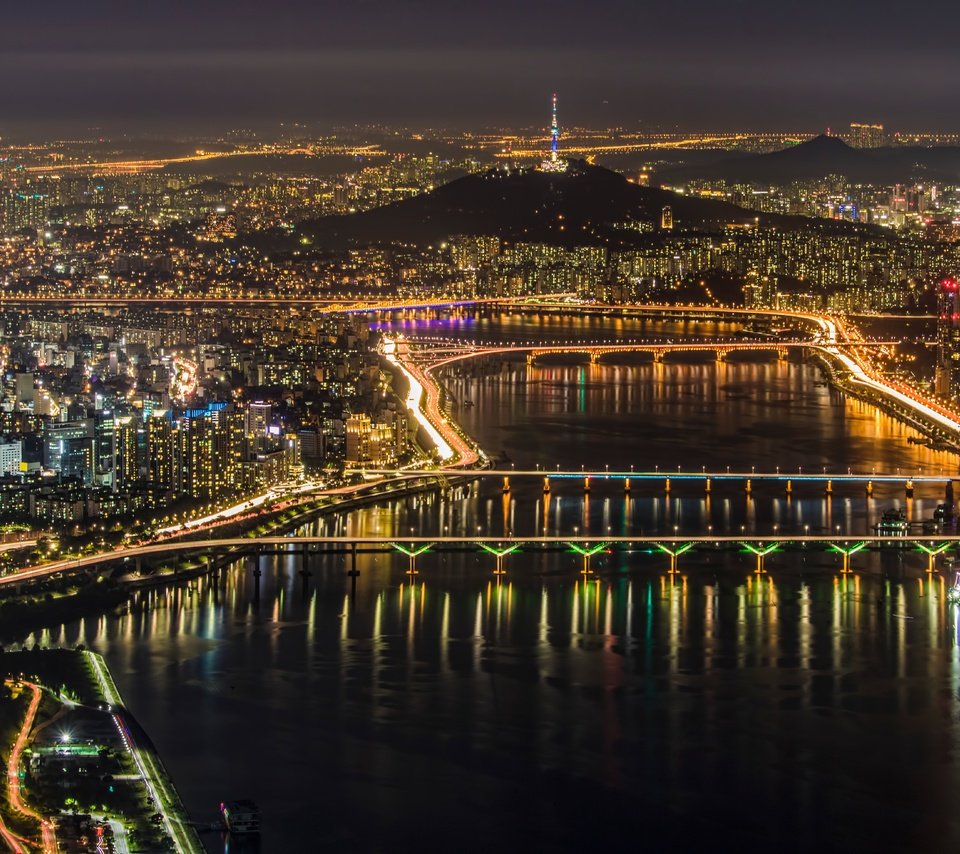 Обои огни, панорама, город, мегаполис, сеул, южная корея, lights, panorama, the city, megapolis, seoul, south korea разрешение 6000x3926 Загрузить