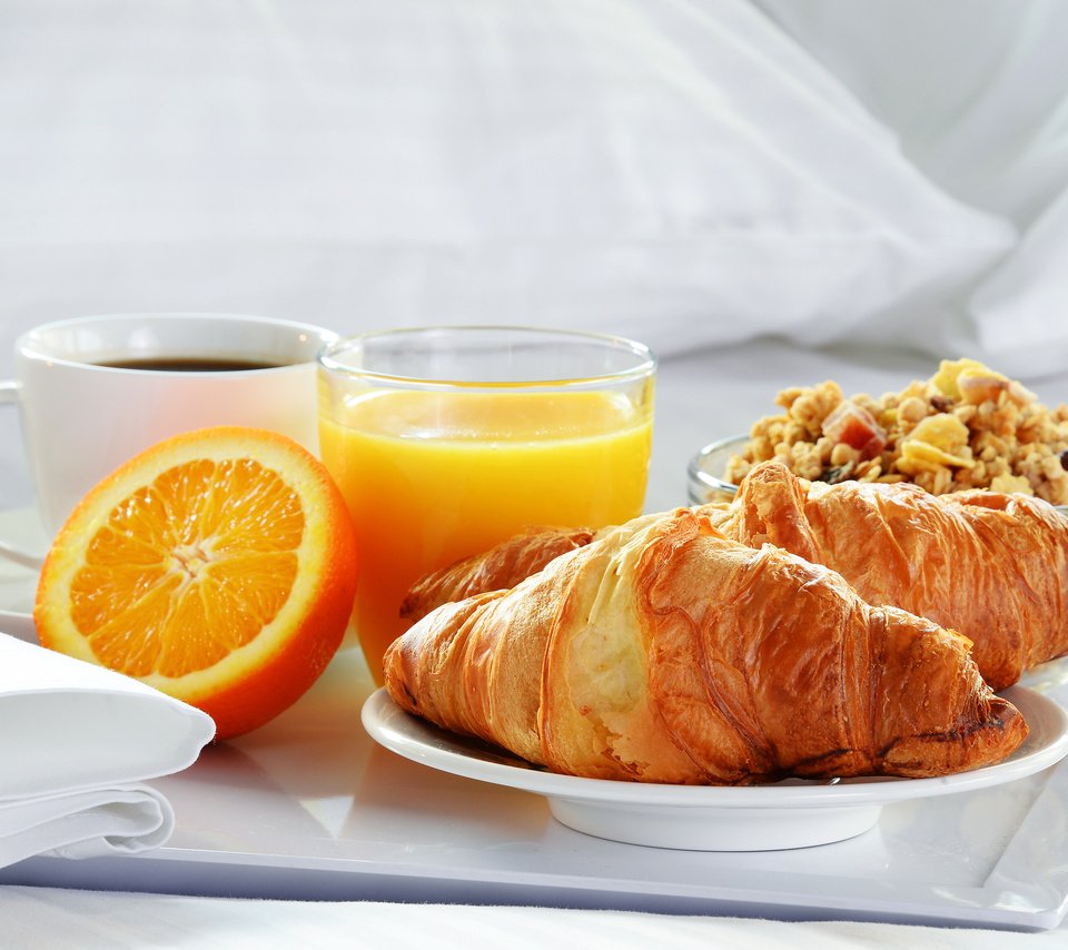 Обои кофе, апельсин, завтрак, сок, круассаны, coffee, orange, breakfast, juice, croissants разрешение 3840x2400 Загрузить