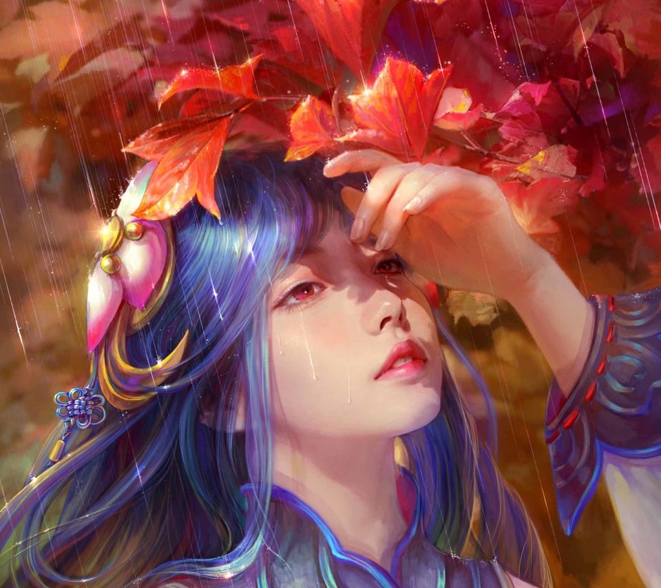 Обои арт, cao yuwen, рука, листья, девушка, дождь, лицо, красные глаза, голубые волосы, art, hand, leaves, girl, rain, face, red eyes, blue hair разрешение 1920x1650 Загрузить