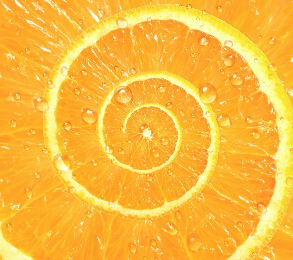 Обои капли, фрукты, спираль, апельсин, цитрусы, drops, fruit, spiral, orange, citrus разрешение 2048x2048 Загрузить