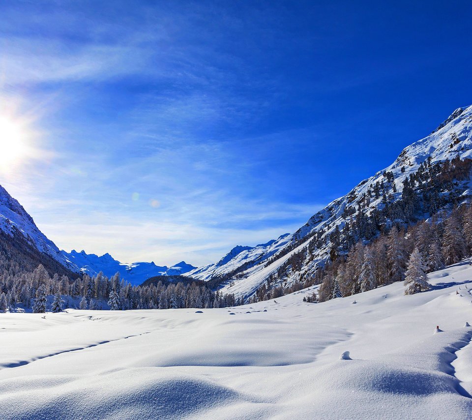 Обои следы, небо, горы, снег, природа, лес, зима, пейзаж, дом, traces, the sky, mountains, snow, nature, forest, winter, landscape, house разрешение 4000x2267 Загрузить