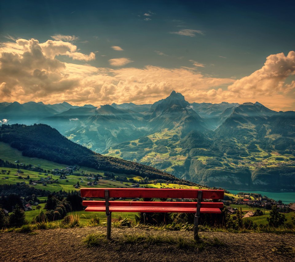 Обои небо, облака, горы, природа, пейзаж, панорама, скамейка, лавка, the sky, clouds, mountains, nature, landscape, panorama, bench, shop разрешение 5616x3370 Загрузить