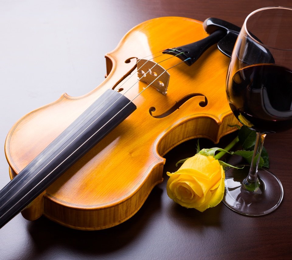 Обои цветок, скрипка, роза, струны, бокал, вино, музыкальный инструмент, flower, violin, rose, strings, glass, wine, musical instrument разрешение 4800x3200 Загрузить