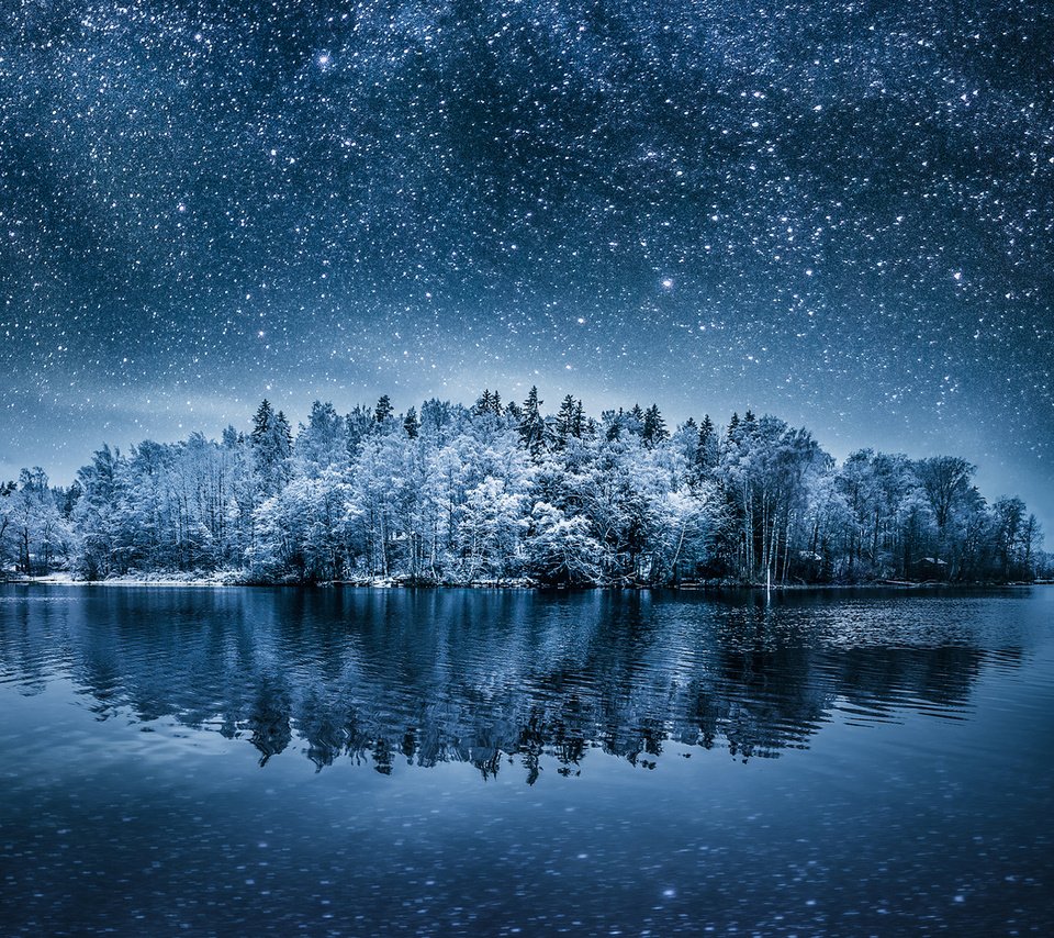 Обои ночь, озеро, природа, лес, зима, пейзаж, звезды, night, lake, nature, forest, winter, landscape, stars разрешение 1920x1200 Загрузить