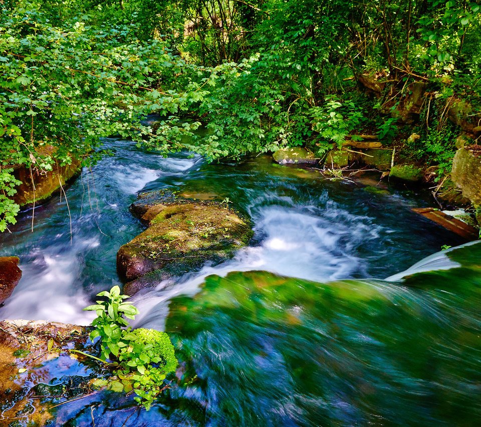 Обои вода, река, природа, камни, листья, ветки, водопад, поток, water, river, nature, stones, leaves, branches, waterfall, stream разрешение 3840x2343 Загрузить