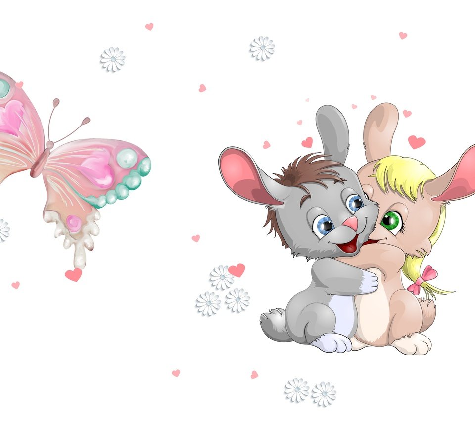 Обои арт, зайки, сердечко, бабочка, ромашка, зайчик, детская, зайчики, обнимашки, art, heart, butterfly, daisy, bunny, children's, bunnies, hugs разрешение 3264x1920 Загрузить