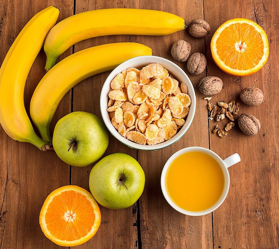 Обои орехи, сок, фрукты, яблоки, апельсины, завтрак, бананы, цитрусы, хлопья, nuts, juice, fruit, apples, oranges, breakfast, bananas, citrus, cereal разрешение 3000x2030 Загрузить