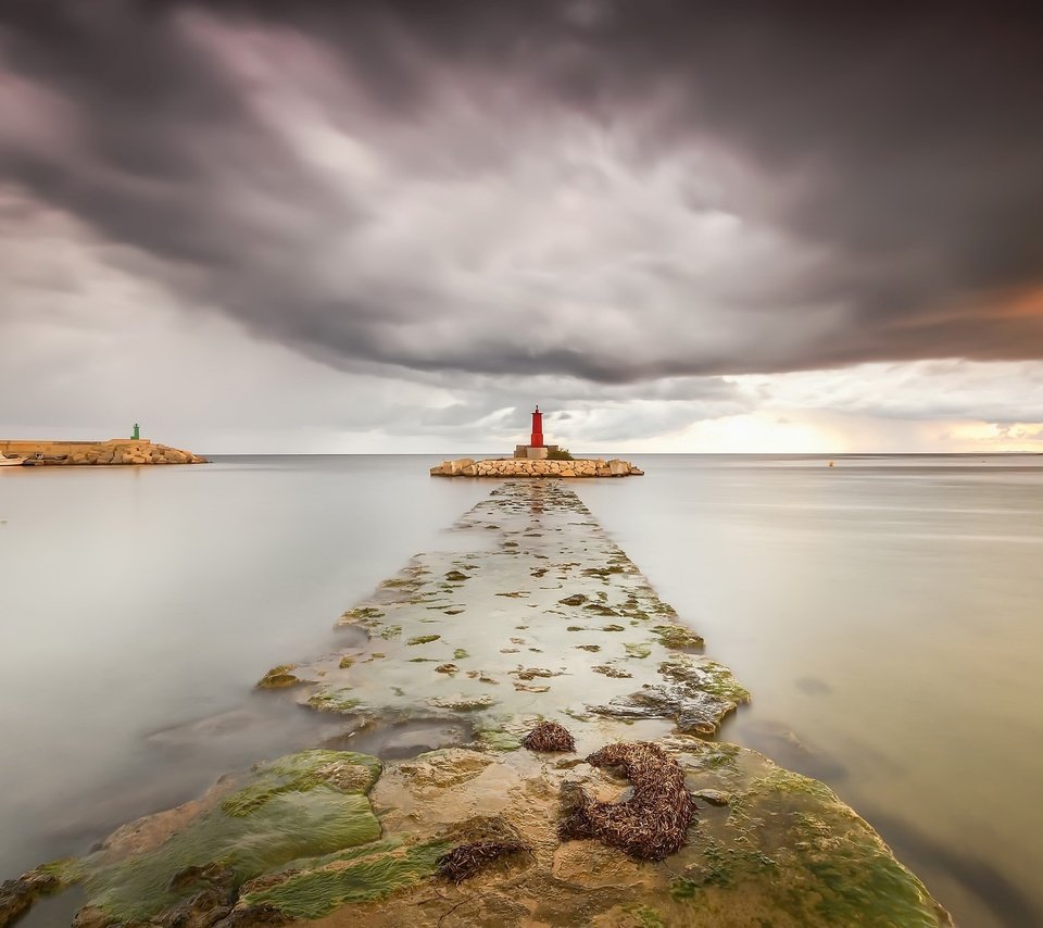 Обои небо, облака, природа, море, маяк, горизонт, the sky, clouds, nature, sea, lighthouse, horizon разрешение 2048x1365 Загрузить