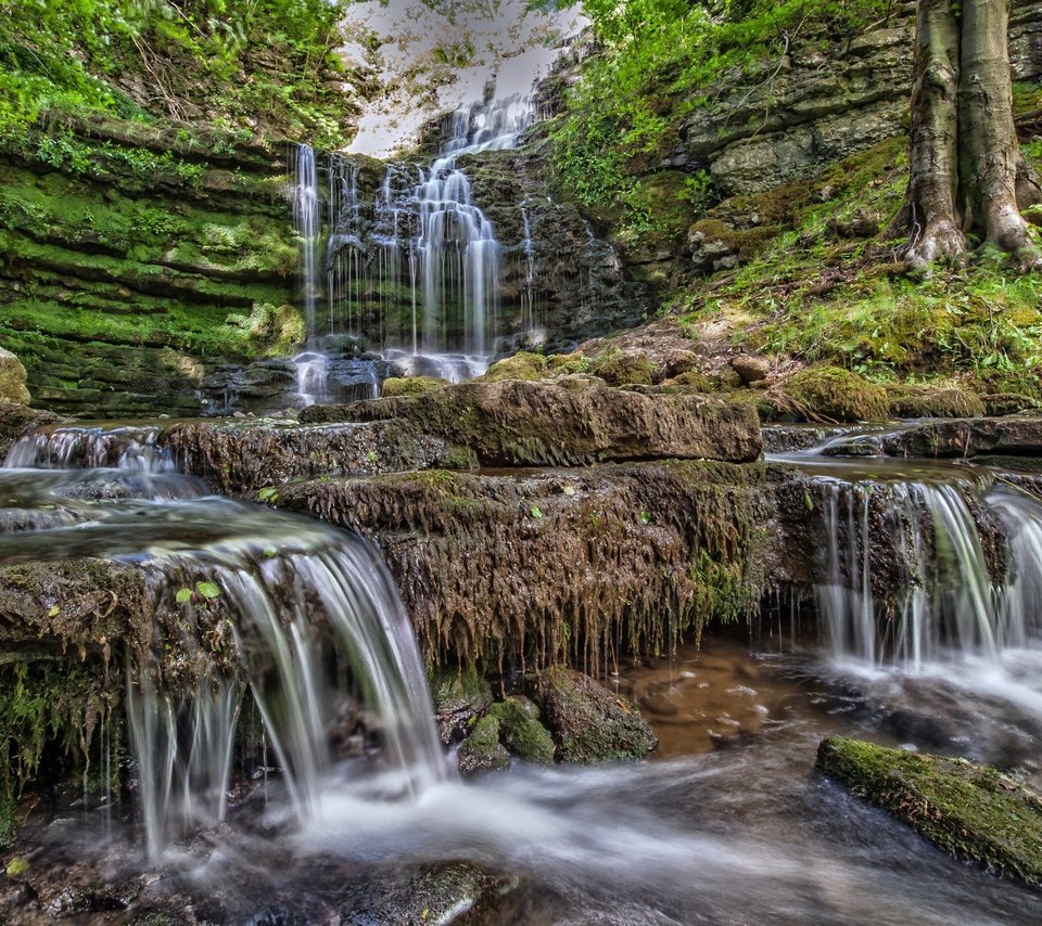 Обои скалы, камни, ручей, водопад, каскад, rocks, stones, stream, waterfall, cascade разрешение 2048x1171 Загрузить