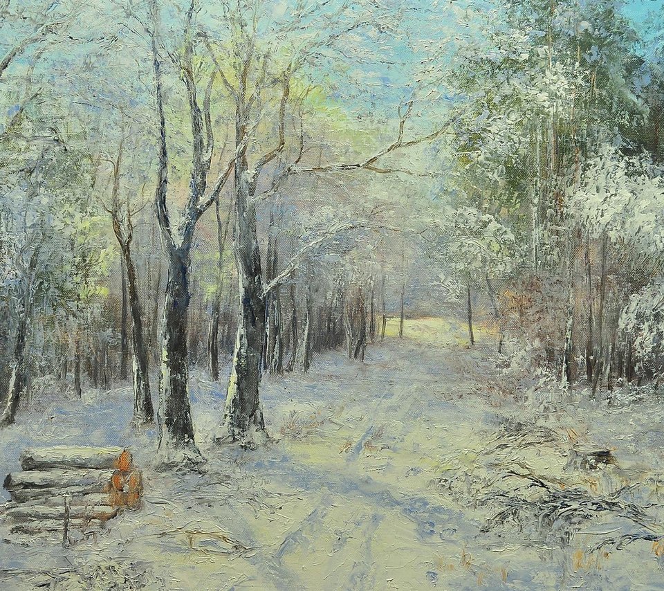 Обои картина, пейзаж, живопись, зимний лес, małgorzata rawicka, picture, landscape, painting, winter forest разрешение 1920x1200 Загрузить