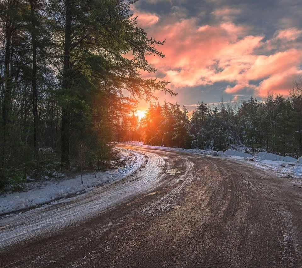 Обои дорога, природа, лес, закат, зима, пейзаж, road, nature, forest, sunset, winter, landscape разрешение 1920x1200 Загрузить