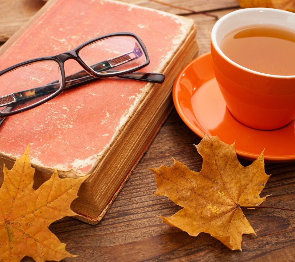 Обои листья, настроение, осень, очки, чашка, чай, книга, leaves, mood, autumn, glasses, cup, tea, book разрешение 3840x2160 Загрузить