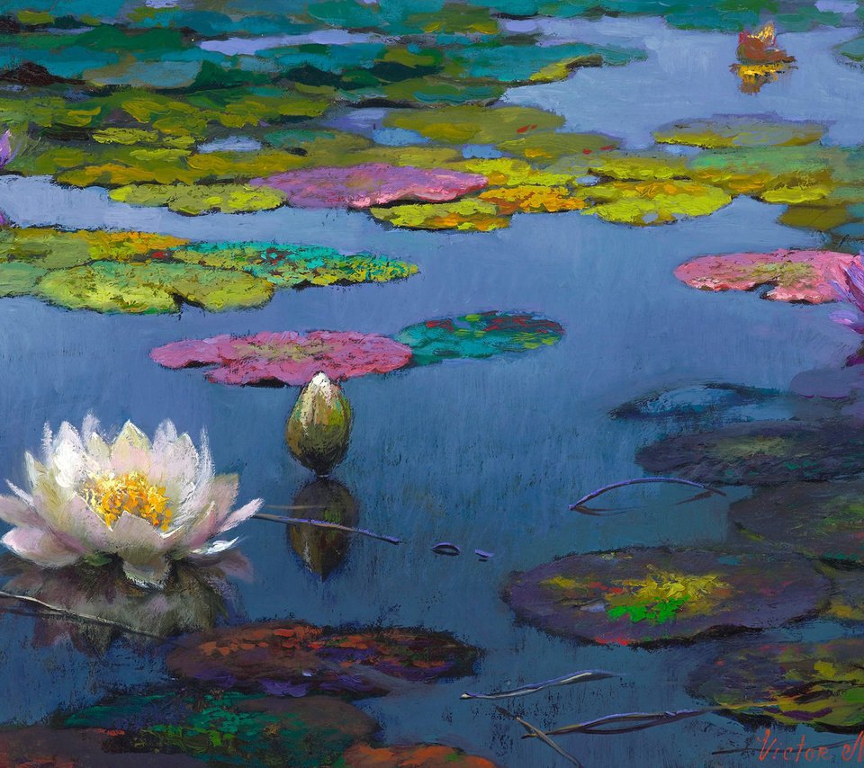 Обои цветы, арт, пейзаж, пруд, живопись, лотосы, flowers, art, landscape, pond, painting, lotus разрешение 1920x1200 Загрузить