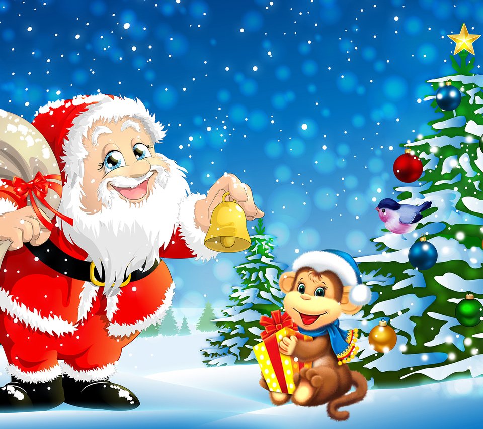 Обои новый год, елка, дед мороз, рождество, обезьяна, зайчик, new year, tree, santa claus, christmas, monkey, bunny разрешение 2560x1440 Загрузить