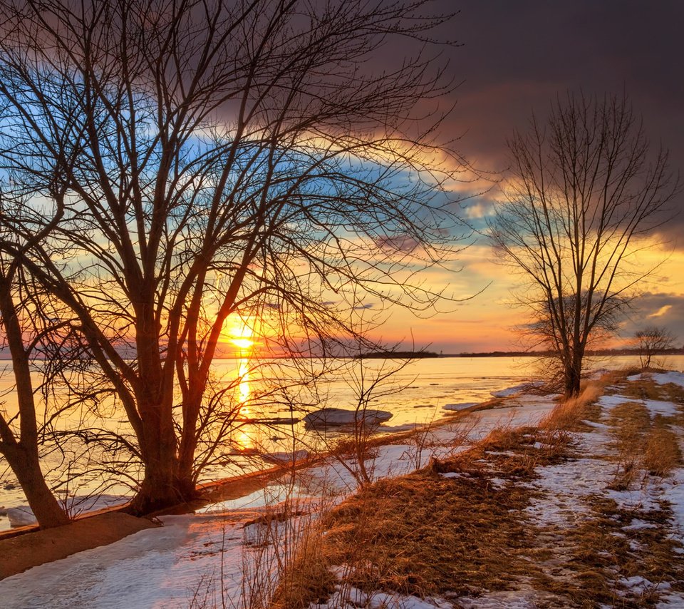 Обои деревья, река, природа, закат, зима, пейзаж, viktor elizarov, trees, river, nature, sunset, winter, landscape разрешение 1920x1200 Загрузить