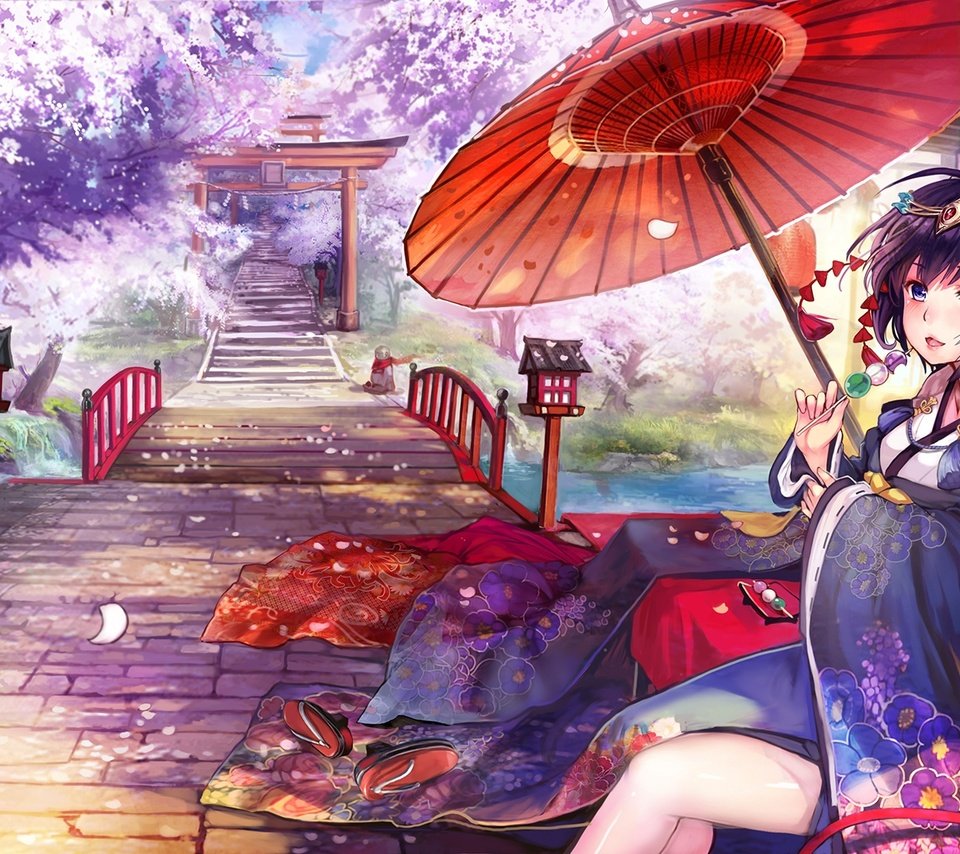 Обои japanese clothes, тории, румяна, аниме девочка, sakura blossom, shrine, torii, blush, anime girl разрешение 1920x1080 Загрузить