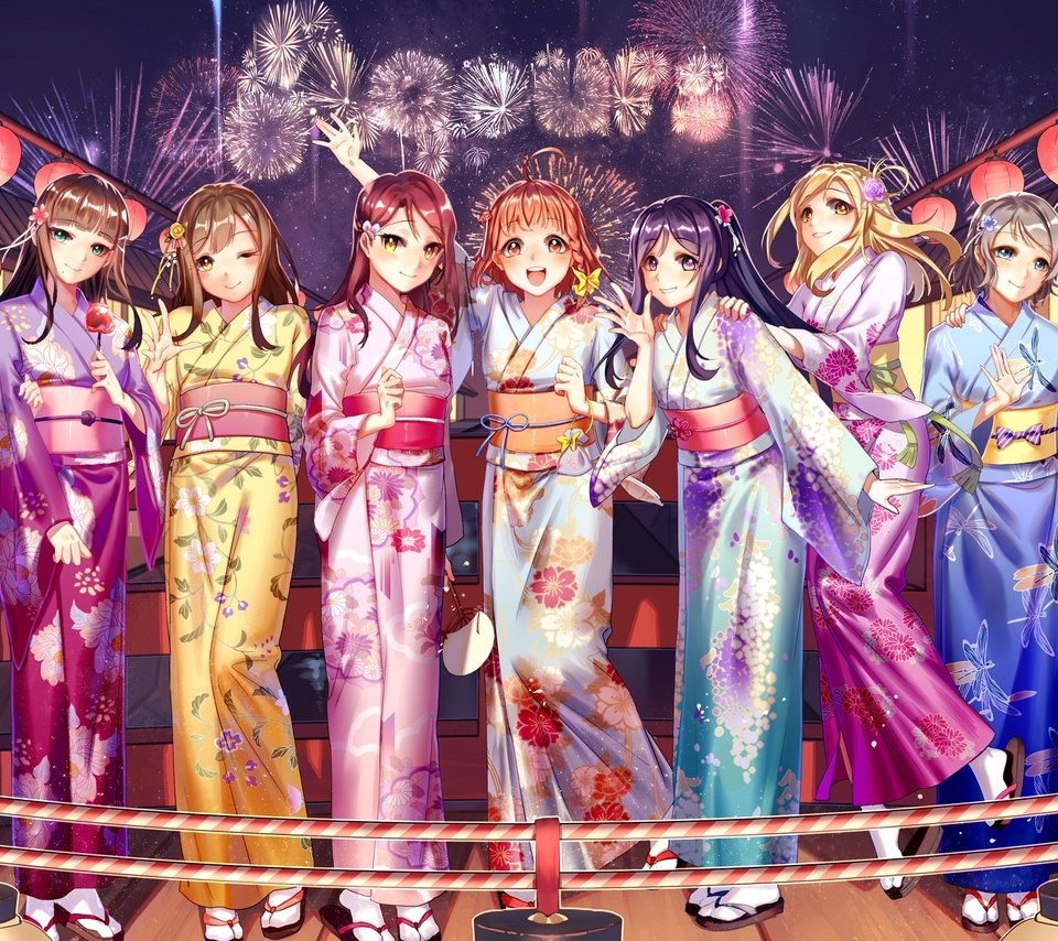 Обои девочки, кимоно, фонарики, феерверк, фестиваль, love live sunshine, girls, kimono, lanterns, fireworks, festival разрешение 2362x1372 Загрузить