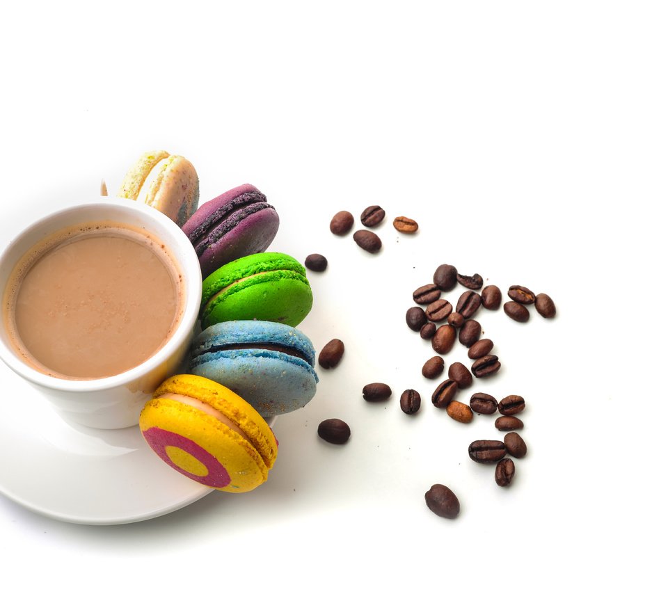 Обои кофе, кружка, макаруны, галеты, coffee, mug, macaroon, biscuits разрешение 6016x4016 Загрузить