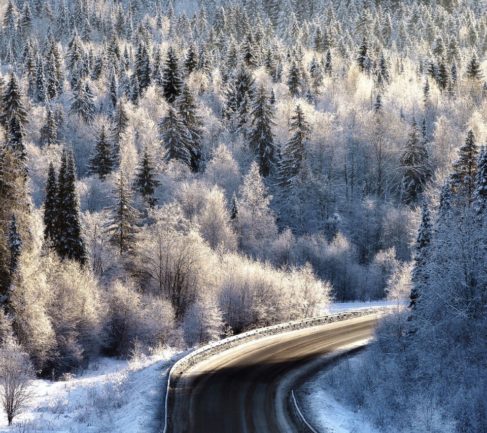 Обои дорога, лес, зима, иней, road, forest, winter, frost разрешение 2112x1188 Загрузить