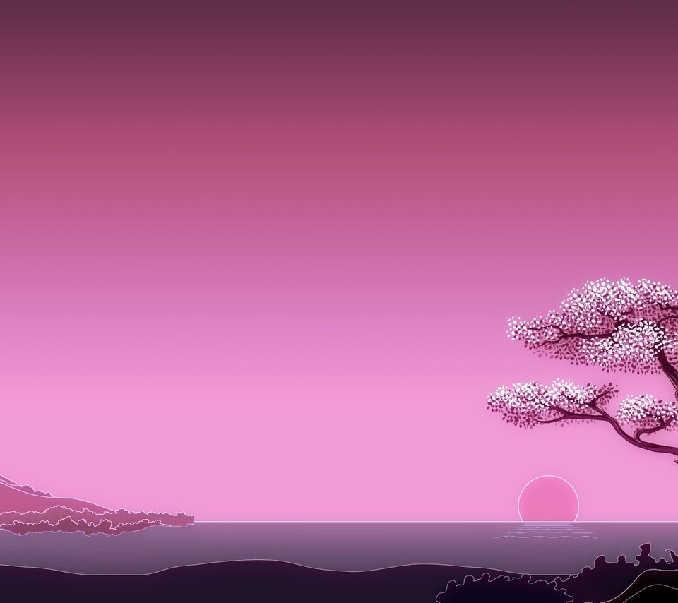 Обои арт, солнце, дерево, море, гора, япония, минимализм, art, the sun, tree, sea, mountain, japan, minimalism разрешение 1920x1080 Загрузить