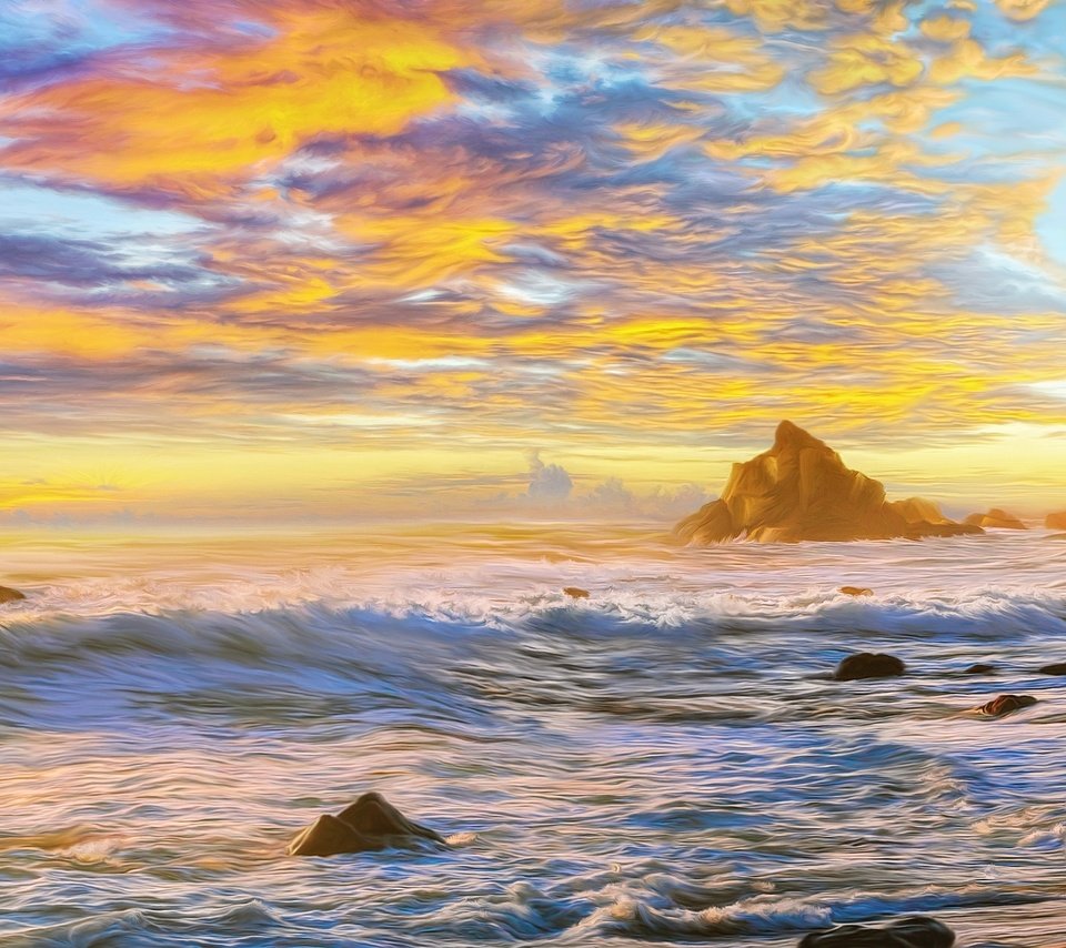 Обои небо, облака, скалы, волны, океан, живопись, the sky, clouds, rocks, wave, the ocean, painting разрешение 1920x1080 Загрузить